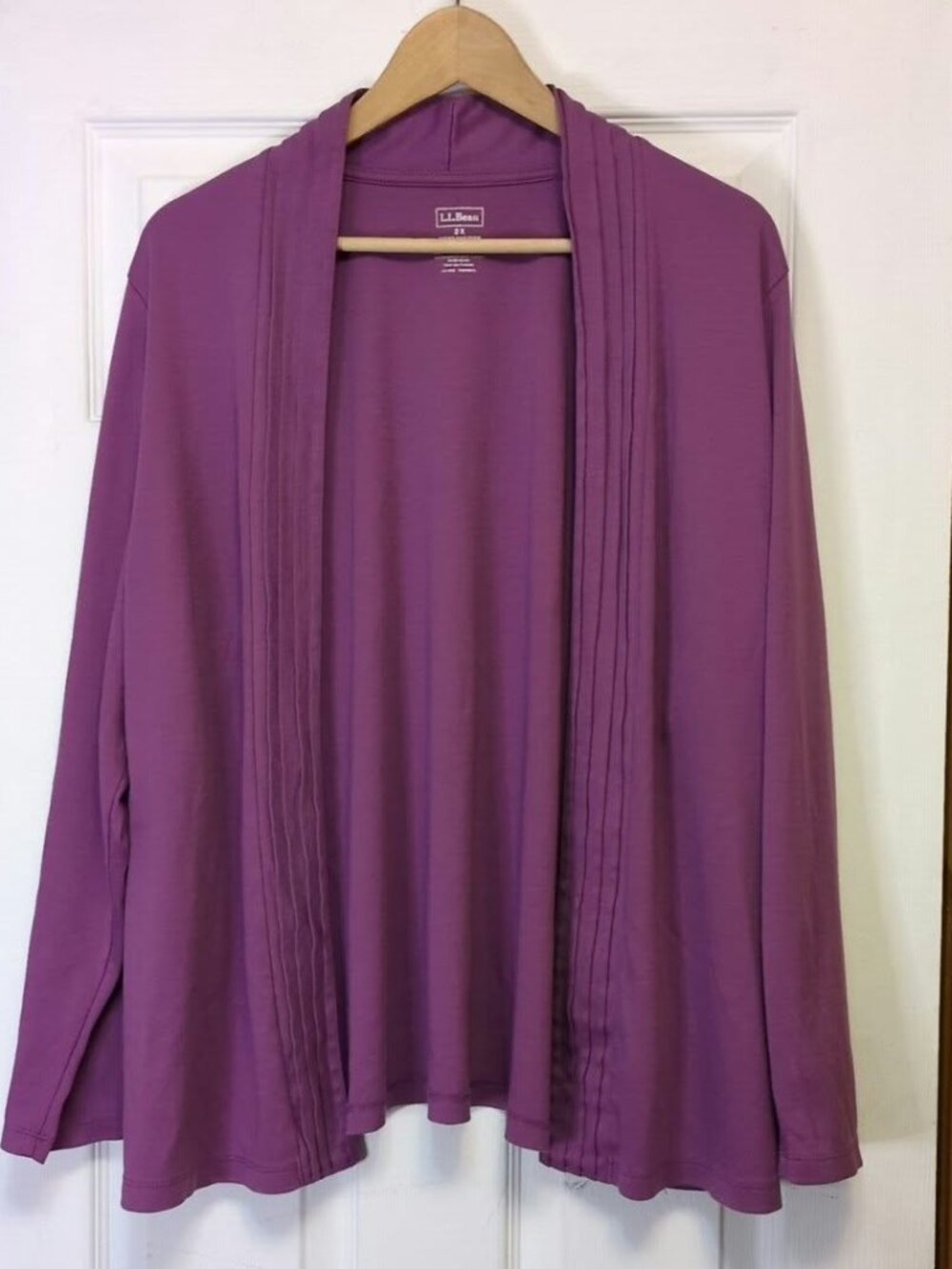 LL Bean Purple Open Front Draped Cardigan Pleated Trim Cotton Womens Sz 2X Coast